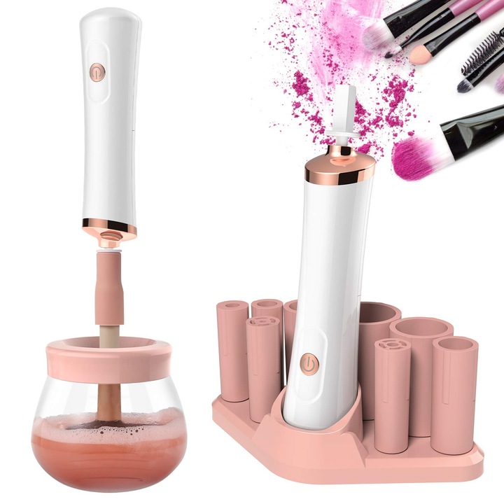 Dispozitiv pentru curatarea pensulelor de machiaj, ZXJDN®, 3 viteze, ultrasonic, incarcare USB, practic, material PET, potrivit pentru toate dimensiunile de pensule, roz
