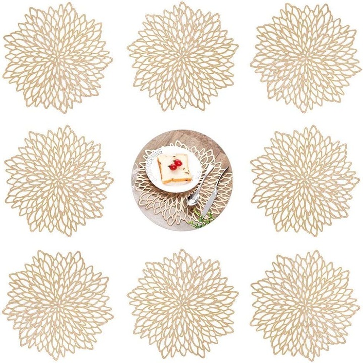 Servet de masa Enforose, design frunze aurii roz, rezistent la pete si caldura, 100x100cm, set 1