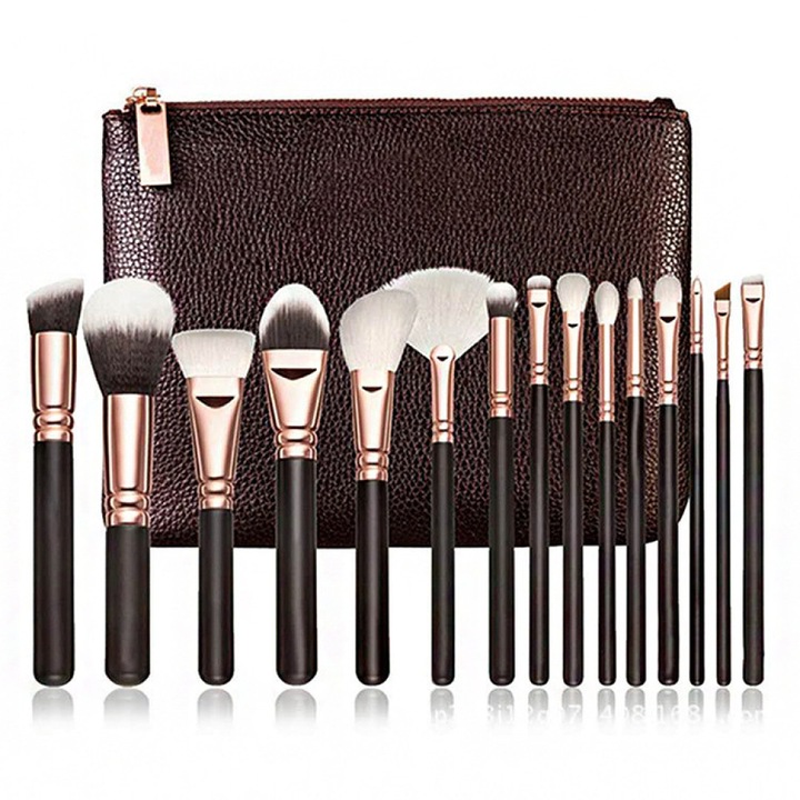 Set de pensule de machiaj 15 piese, Zeaicos, multicolor, 19cm, cu suport din piele