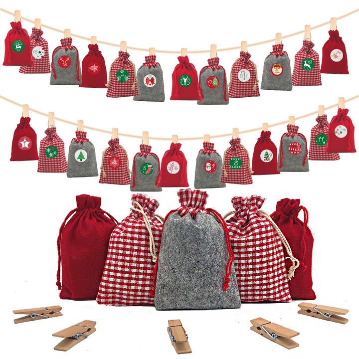 Set de 24 Saculeti din Panza pentru Craciun, Rosu si Gri, 10x15cm