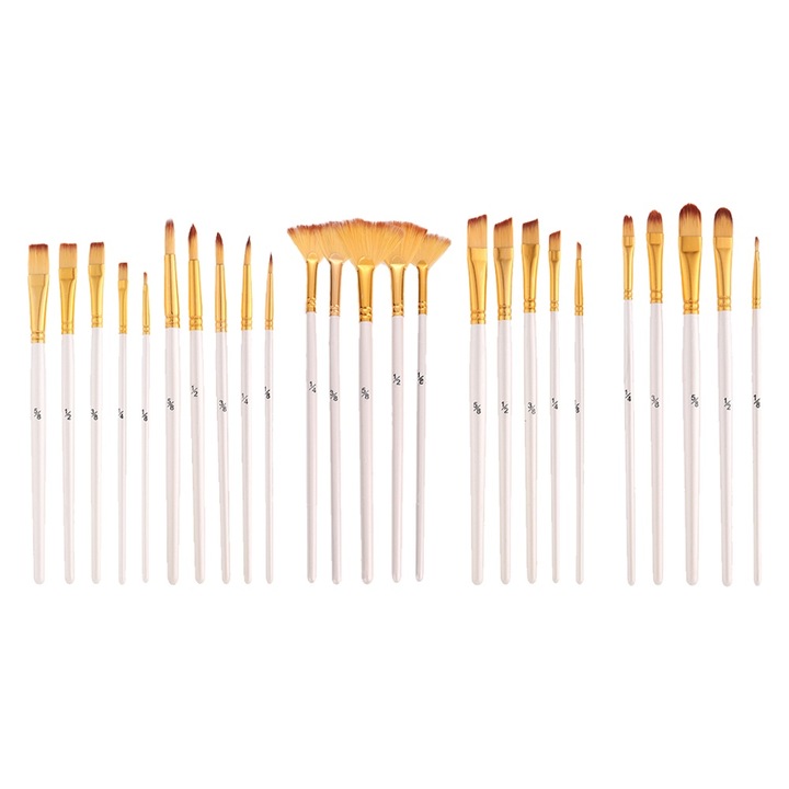 Set 25 pensule artistice pentru pictura, acril, ulei, acuarela, arta unghii, alb, 18-20.7cm