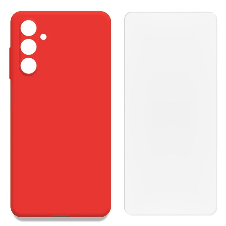 Защитен комплект, съвместим със Samsung Galaxy A55 5G, силиконов капак с микрофибър FONIX BloomShield и регенерируемо силиконово фолио, ултраустойчив, защита на камерата, повдигнати ръбове, ултратънък, червен