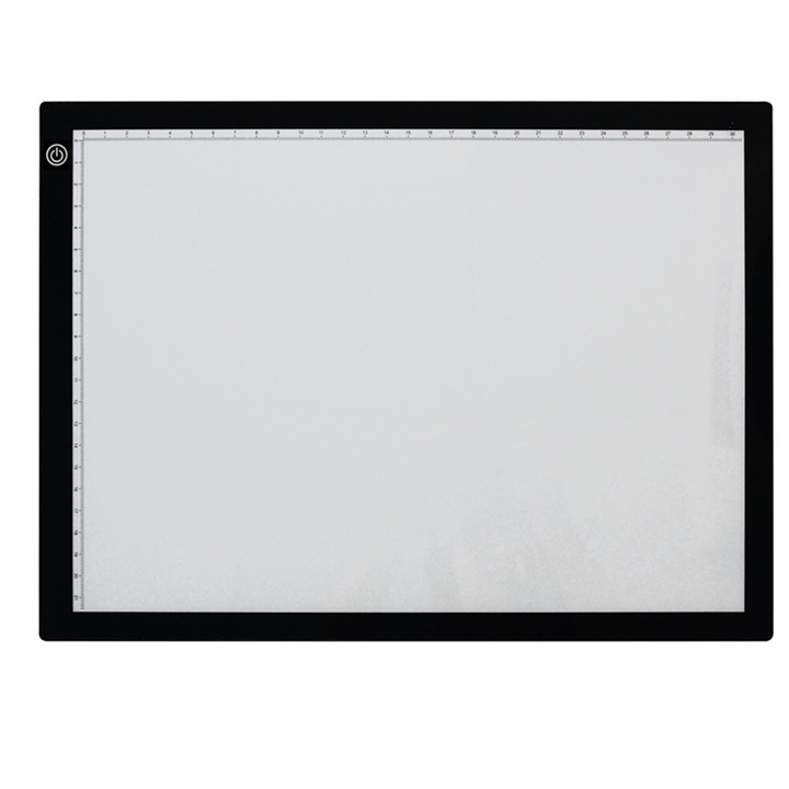 LED A4-es rajztábla állítható fényerővel, szemvédővel, fekete, 34x24,9x1,8 cm, készlet USB kábellel 1,5 m