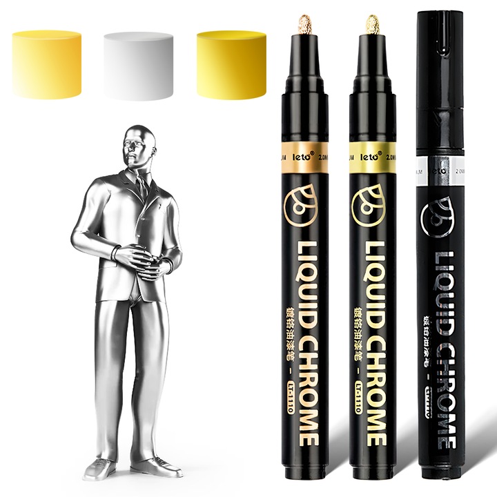 Set 3 markere metalice cu efect oglinda, varf de 2mm, culori aur, argint, cupru