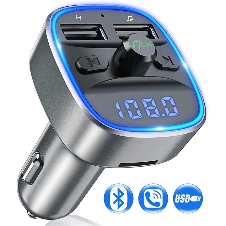 TNEAYWHE autós Bluetooth adapter, széles kompatibilitás, kettős USB töltés, tiszta zenestreaming, kék hangulatvilágítás