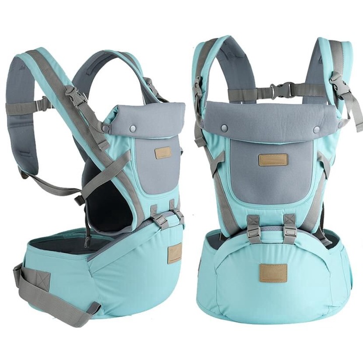 Marsupiu ergonomic pentru bebe, bumbac, 6-36luni, greutate maxima 25kg, centura reglabila 134cm, albastru/gri