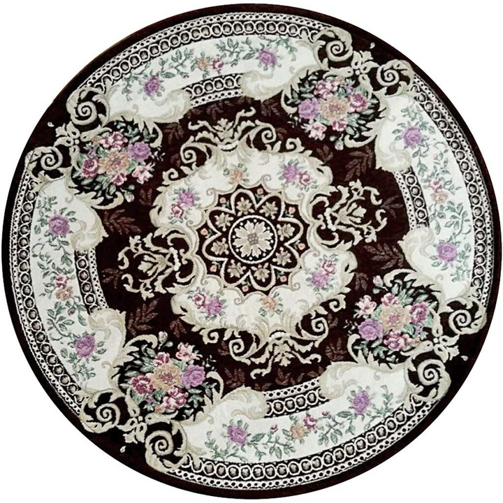 Kerek beltéri szőnyeg, virágos, barna, 90 cm