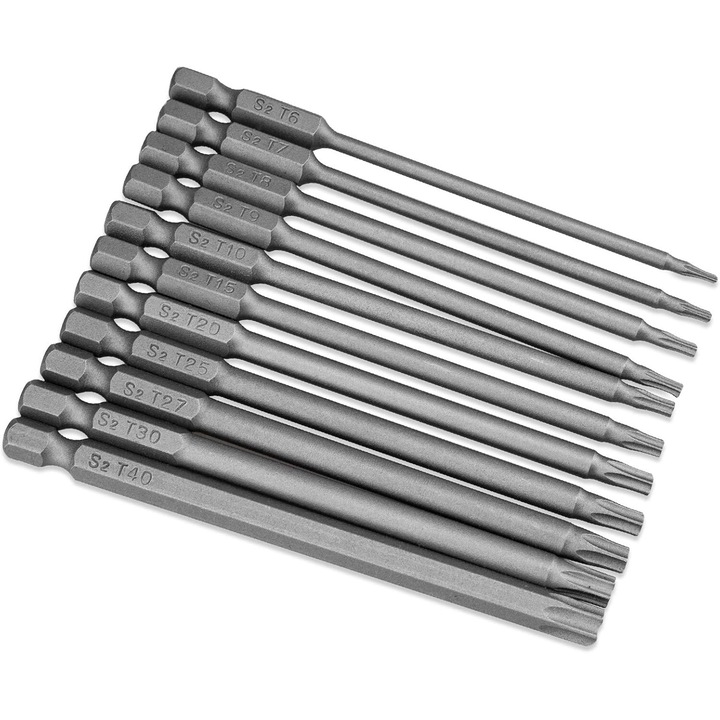 11 db extra hosszú (100 mm) Torx csavarhúzó bit készlet, T6-T40, hatszögletű acélstift, 6.35 mm
