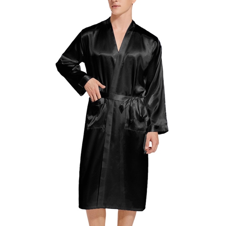 Halat de baie, Satin, Negru, L