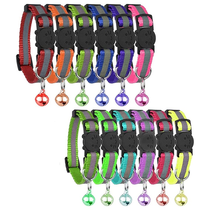 Set 12 Zgarzi pentru pisici, reflectorizante, ajustabile 19-32cm, multicolor, cu clopotel