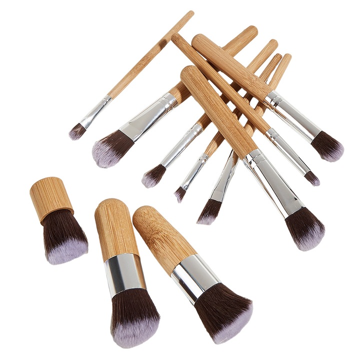 Set pensule machiaj 11 piese, Zeaicos, bambus, multicolor, pentru ten, piele sensibila