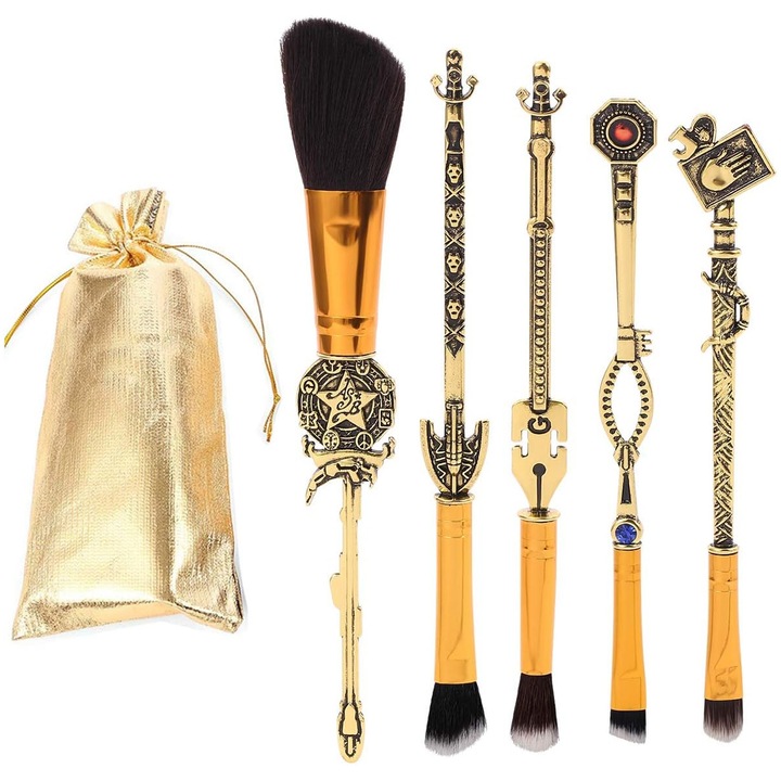 Set pensule machiaj Zeaicos, 5 piese, metal, fibre artificiale, multicolor