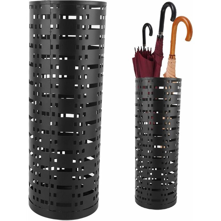 Suport umbrele metalic, rezistent la rugina si apa, design perforat, negru, 42x15x15cm