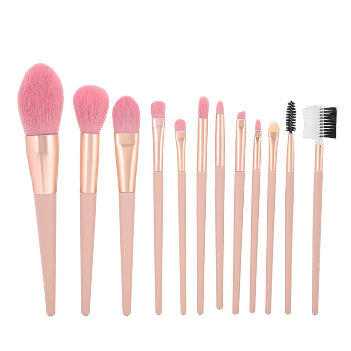 Set 12 Pensule Machiaj, Zeaicos, Culoare Multicolor, Maner din Lemn, Tub din Aluminiu