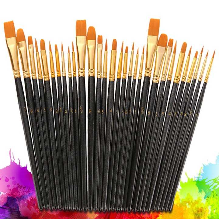 Set 30 Pensule de Pictura, Varf Rotund si Ascuit, Par Sintetic, Multicolor