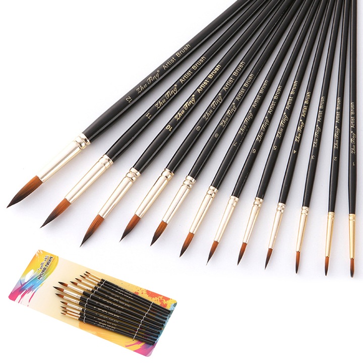 Set 9 pensule pentru pictura, sintetic, pentru acuarela, acrilic, ulei