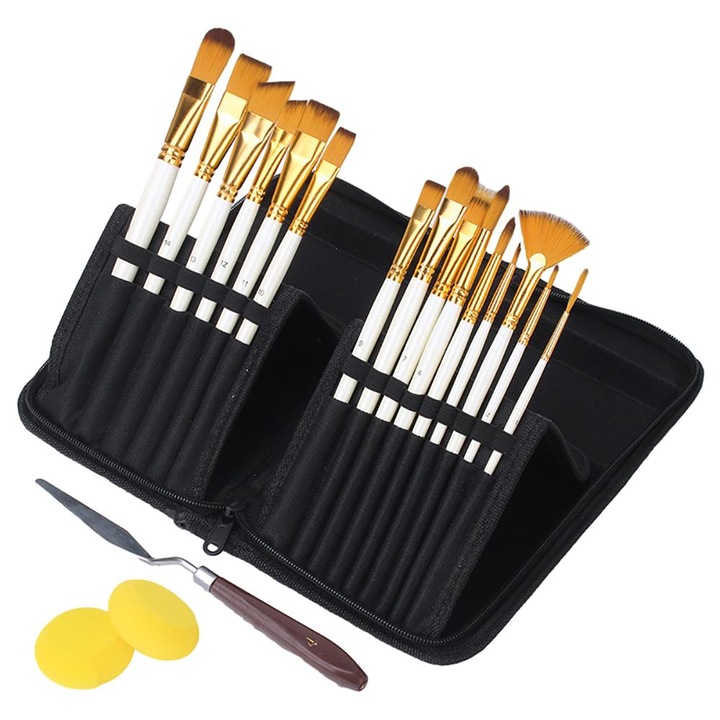 Set pensule de vopsit, 20 de piese, RATEL, paleta de amestec, 2 bureti, spatula, pensula detaliu, pentru vopsea acrilica si acuarela, multicolor