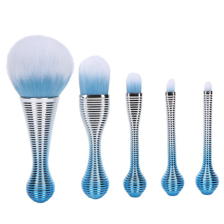 Set 5 Pensule machiaj, Nylon, Albastru/Argintiu, 10x4cm