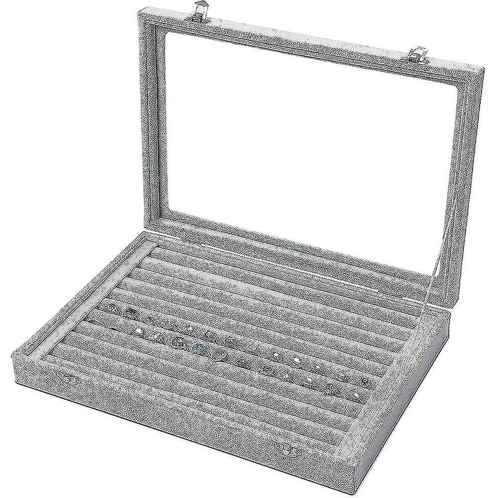 Bársony ékszerdoboz, 28x20x5cm, átlátszó üvegtető, 72 gyűrű befogadására alkalmas, szürke