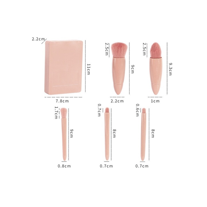 Set 5 pensule machiaj, sintetice, cu oglinda, portabil, roz