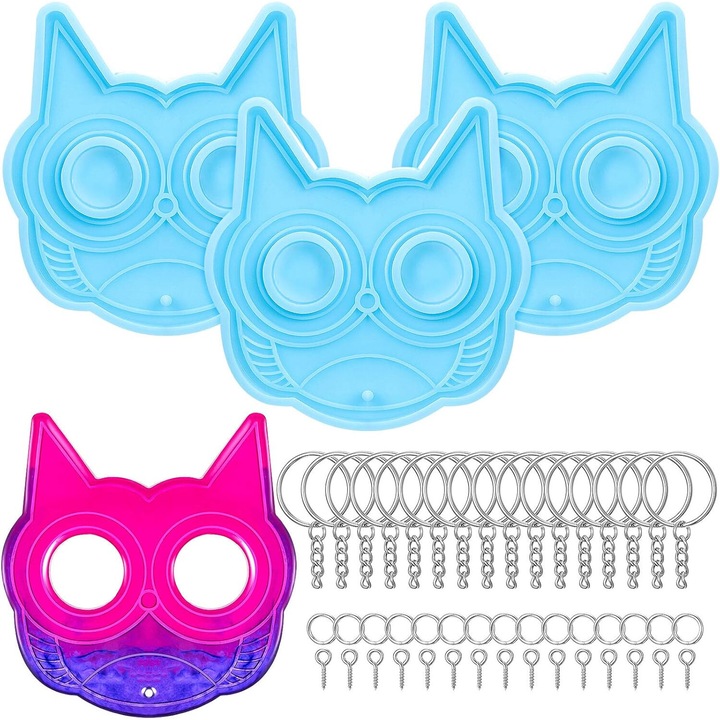 Set 3 forme pentru brelocuri, Silicon, 15 accesorii pentru inele, model pisica, model bufnita, 30mm
