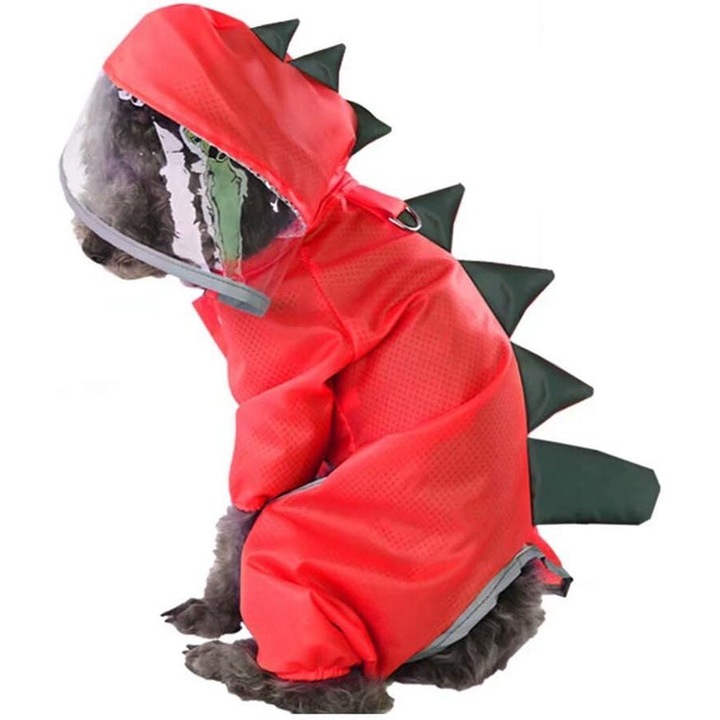 Pelerina de ploaie pentru animale de companie, design dinozaur, reflectorizanta, rosu, 45x35cm