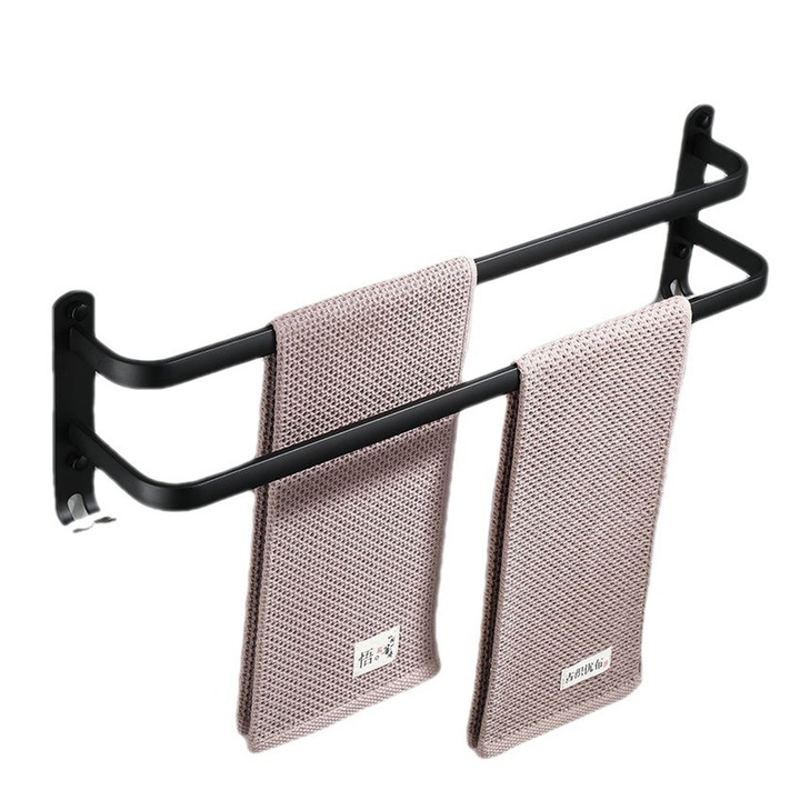 Suport pentru prosoape, montare pe perete, negru, cu carlig dublu