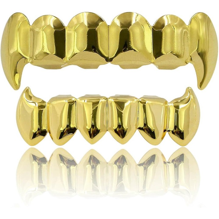Set accesorii pentru dinti, placat cu aur 18K, Fangs Vampire, unisex, auriu, 5cmx1.3cm/4cmx1.1cm