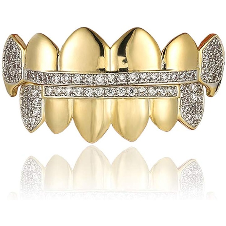 Vámpírfogak készlet, Grillz, 14K arannyal és fehér arannyal bevonva, 5 x 1,3 cm / 4 x 1,1 cm, arany