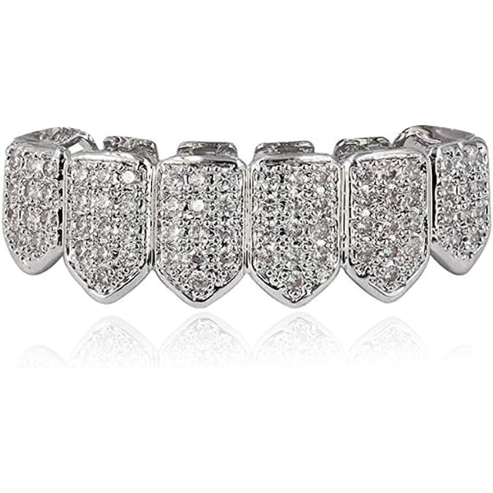 Set Grillz pentru dinti, placat cu aur 18K, cubic zirconia, ajustabil, argintiu, 4x1.1cm/5x1.3cm