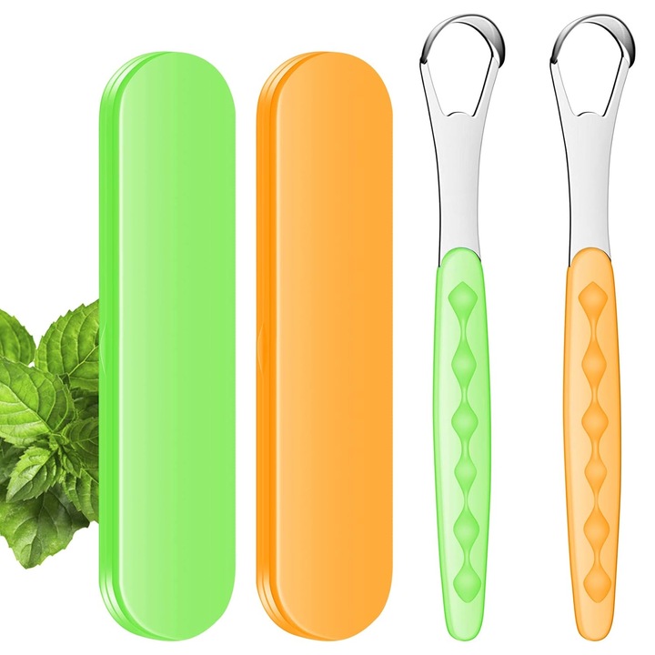 2db nyelvtisztító készlet felnőtteknek, rozsdamentes acél, zöld/narancs, 2 szállítóhuzat mellékelve
