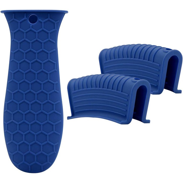 3 darab szilikon fogantyúhuzat, hőálló, kék, 5.31x2.17 hüvelyk, öntöttvas serpenyőkhöz