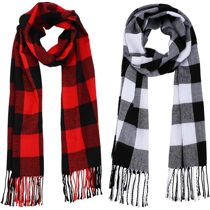 Set 2 Esarfe Tartan cu Franjuri, Material Asemanator Casmirului, 190x30cm, Multicolor