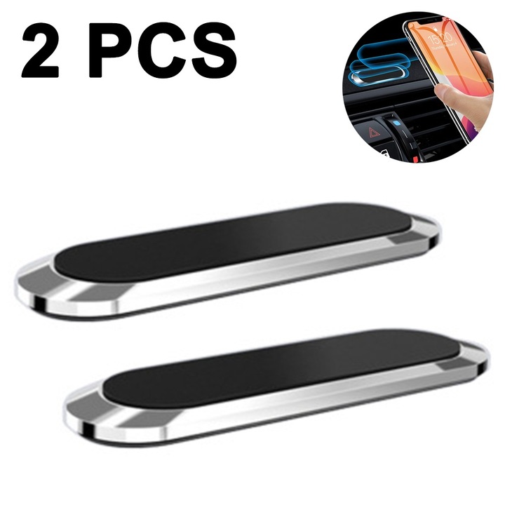 Mágneses autótartó készlet, ötvözet/szilikon, ezüst/szürke, 70x20x5,6 mm, 2 db