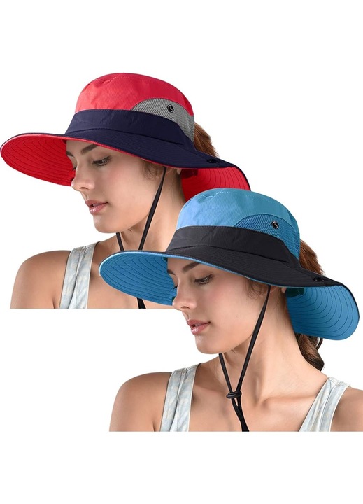 Set 2 Palarii de Soare cu Orificiu pentru Coada de Cal, Protectie UV, Pliabile, Rosu si Albastru, 53-58cm