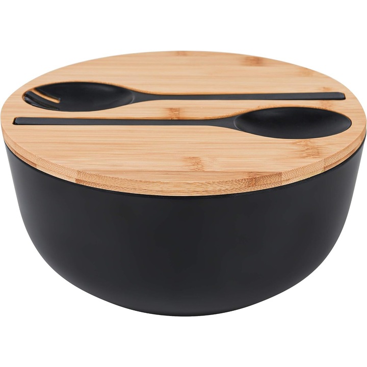 Set bol pentru salata din fibra de bambus cu capac si ustensile, negru, 25cm