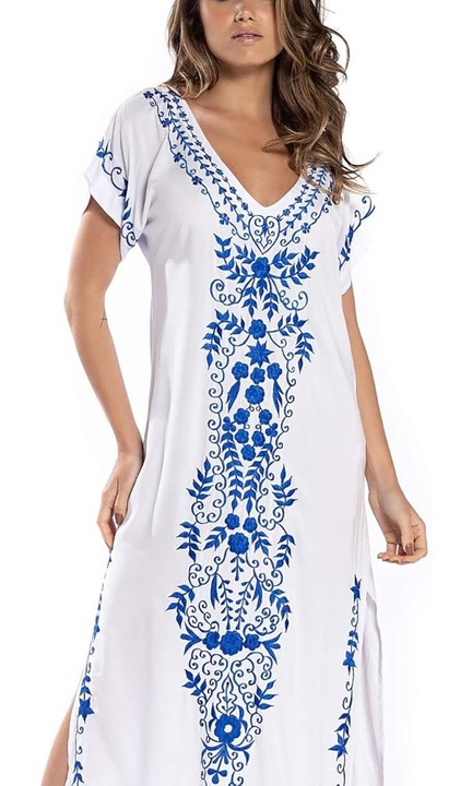 Rochie de plaja QttvbTna cu maneca scurta cu broderie pentru femei, rayon alb, One Size INTL