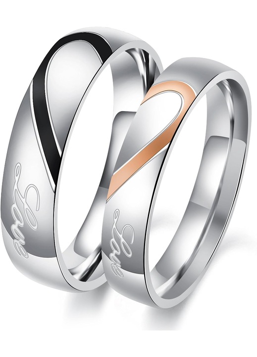 Set 2 Inele Cuplu, Inox, Forma Inima, "Real Love", Argintiu, Marime Barbat 11 & Femeie 7