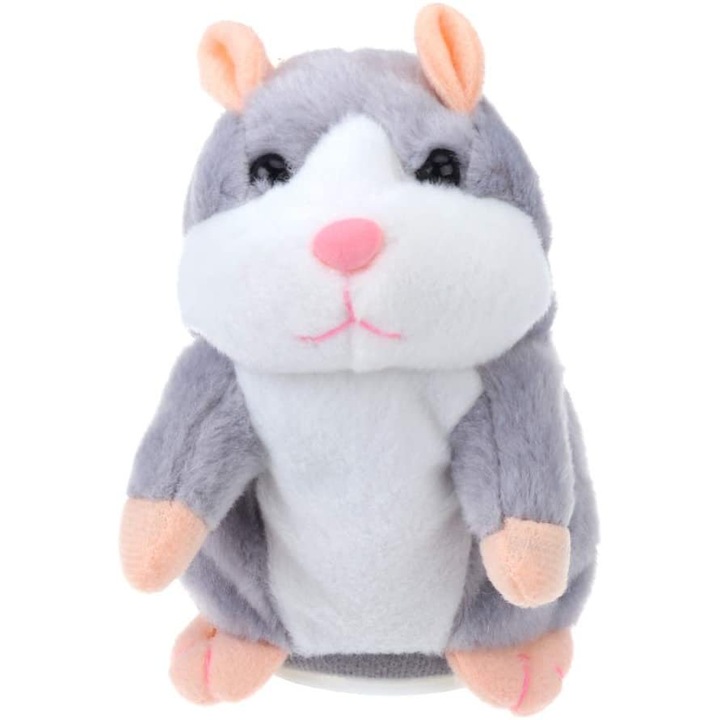 Говореща плюшена играчка, модел хамстер, сиво/бяло, 18 см