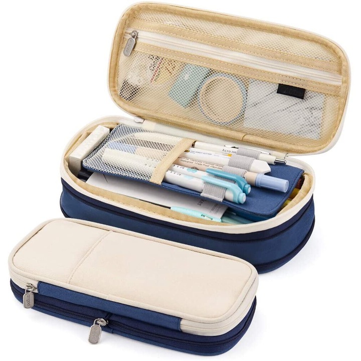 Penar mare, 3 compartimente, 21.5 x 10 x 6.2 cm, albastru/bej