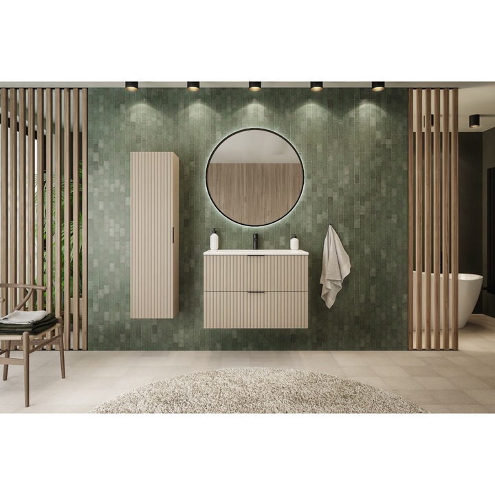 Dulap De Baie, Rodan, Flow, 35x136x27cm, Suspendat, 46x60x57cm, Fronturi Canelate, Material Panza MDF 16 mm, Margini ABS 0.5 mm, 3 Rafturi, Casmir