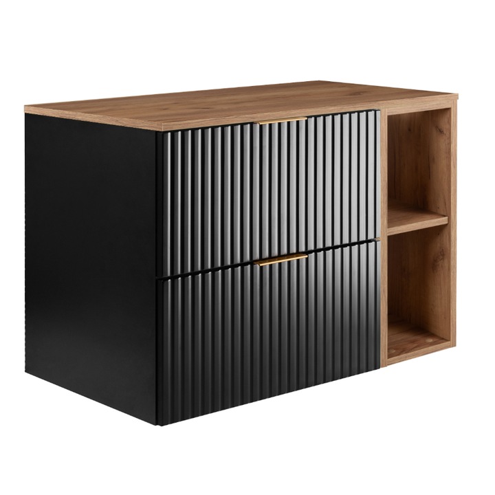 Mobilier baie RODAN Flow, 2 sertare cu inchidere silentioasa, negru, blat stejar auriu, set 80x57x46cm