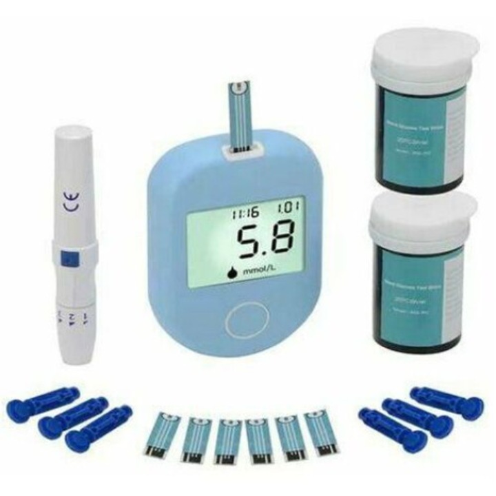 Glucometru, 50 benzi de testare, 50 ace, albastru/alb