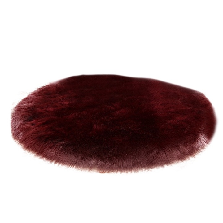 Covor rotund din blana artificiala, antiderapant, vin rosu, pentru dormitor sau living