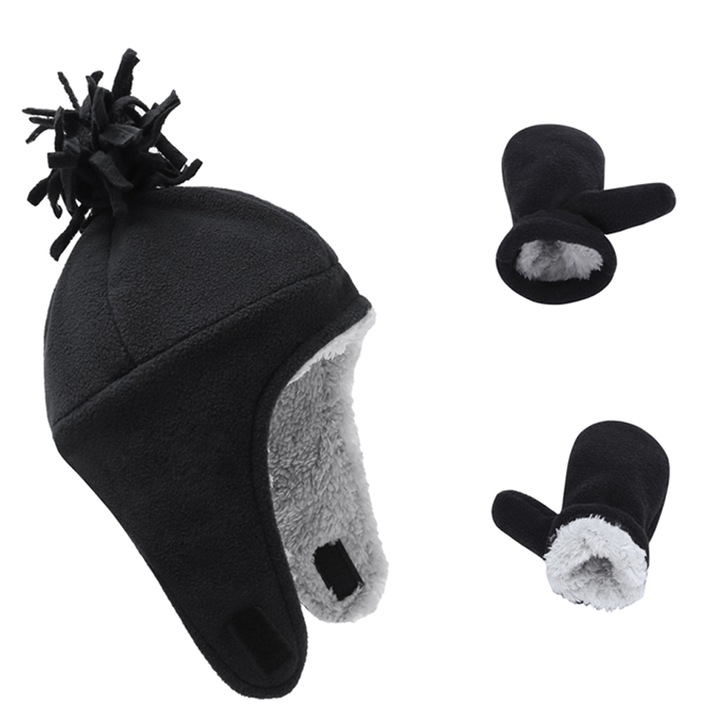 Set caciula si manusi din fleece calduros pentru copii, Zeaicos, stil minimalist, multicolor