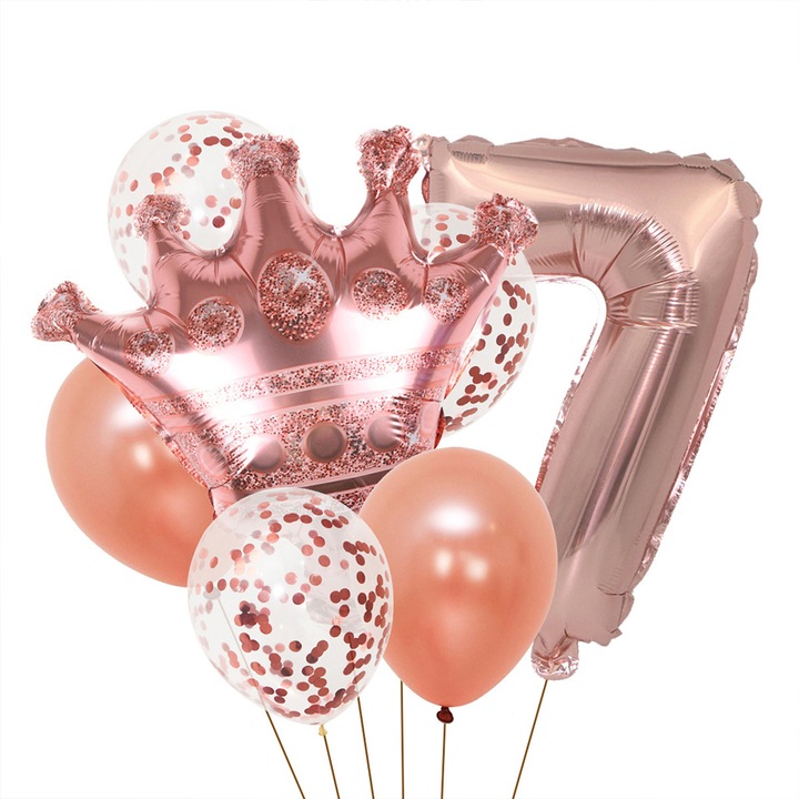 7 db születésnapi lufi készlet, korona, 7-es szám, biológiailag lebomló latex, arany/rózsa