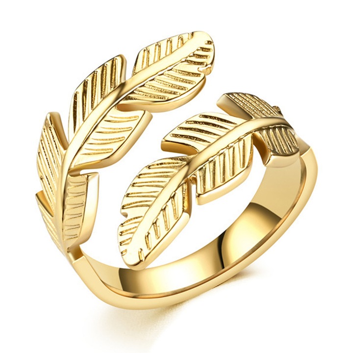 Inel reglabil cu model pene, din otel inoxidabil, auriu