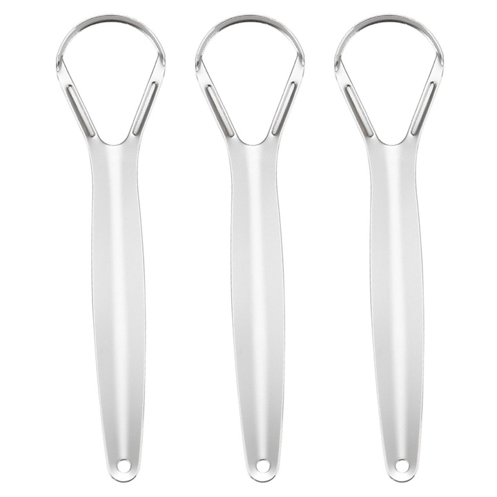 3 db nyelvkaparó készlet, rozsdamentes acél, 14,8 x 3,5 cm, ezüst