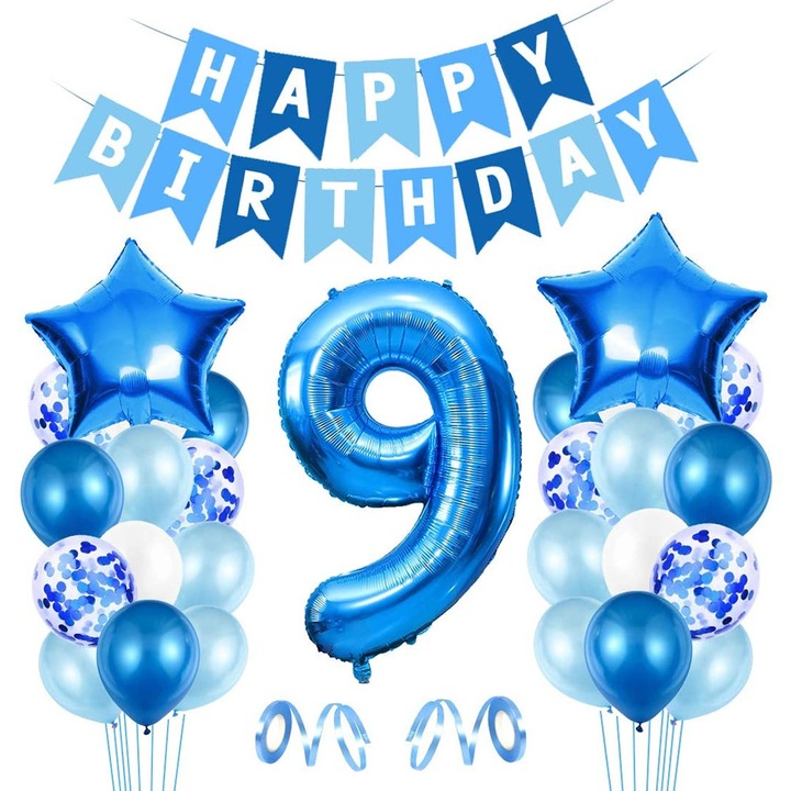 Baloane de petrecere albastre, la multi ani, cu confetti, din latex, pentru banner de ziua de nastere, decoratiuni pentru banner de ziua de nastere, a 9-a