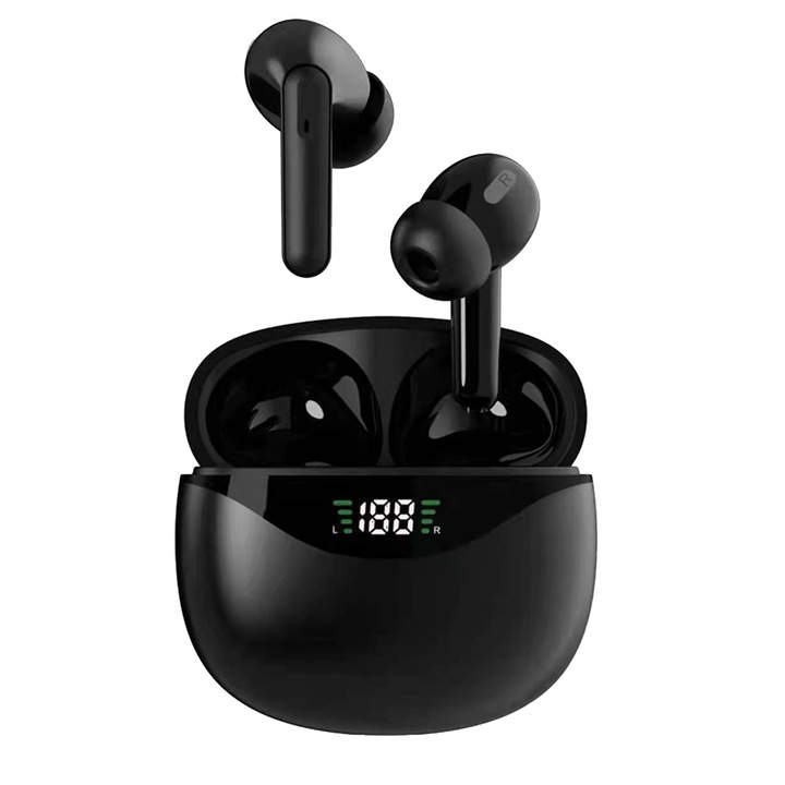 Vezeték nélküli Bluetooth fülhallgató, ergonomikus, izzadásálló, fekete, digitális LED töltővel